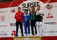 2024, Schweizermeisterschaft, Sursee, Schweiz, Siegerehrung, Florin Battistel, Lédion Shala, Pavle Stojanovic, Louis Schubert, Karatedo Lyss-Aarberg, Karate Club Valais, Shotokan Karateschule St. Gallen, Karateschule Flawil