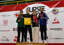 2024, Schweizermeisterschaft, Sursee, Schweiz, Siegerehrung, Karatecenter Reto Kern Kreuzlingen, Karateschule Flawil, Karate-Do Balsthal, Nippon Training Urdorf / Dietikon, Bjarne Kühl, Vitor Madureira Moreira, Nourden Oubaoune, Moritz Meier