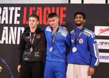 Siegerehrung, Kumite, Schweiz, Swiss Karate League, 2025, Gossau, Züri Oberland, Nicolas Halbich, Moris Bugatti, Harieshman Thaseenthiran, Karate-Do Biel-Bienne - Zen Shin, Shukokai Dojo Wetzikon, JAPAN KARATEDO ITOSU-KAI - SCHWEIZ