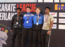 Siegerehrung, Kumite, Schweiz, Swiss Karate League, 2025, Gossau, Züri Oberland, Loan Tscharner, Karatedo Lyss-Aarberg, Januyan Logeswaran, Shukokai Dojo Wetzikon, Gosikan Vijayanathan, Leon Gutknecht, JAPAN KARATEDO ITOSU-KAI - SCHWEIZ, KYODAI KARATE-DO MUTTENZ