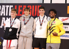 Siegerehrung, Kumite, Schweiz, Swiss Karate League, 2025, Gossau, Züri Oberland, Neuchâtel Karaté-do, Theo Pedro, Vladimir Fedin, Thaheesan Sivabalan, Matheo Marchioni, Shotokan Karateschule St. Gallen, JAPAN KARATEDO ITOSU-KAI - SCHWEIZ, Karaté-Club Cobra Fribourg