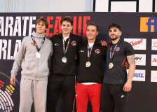 Siegerehrung, Kumite, Schweiz, Swiss Karate League, 2025, Gossau, Züri Oberland, Nico Sparer, Hayabusa Karate Do Basel, Theo Pedro, Maxime Gindre, Riccardo Terribilini, Neuchâtel Karaté-do, Shukokai Dojo Wetzikon