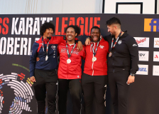 Siegerehrung, Kumite, Schweiz, Swiss Karate League, 2025, Gossau, Züri Oberland, Karate-Do Biel-Bienne - Zen Shin, Elie Jeannerat, Ilias Graf, David Roueche, Mico Ilic, Ken Shi Kai Karateschule Schwamendingen, Neuchâtel Karaté-do, Karate-Do Balsthal