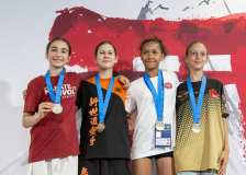 2026,SKL,Saalsporthalle,Swiss Karate League,Zürich,Siegerehrung,Medal Ceremony,Mona Schwerzmann,ELÉANORE Lafourcade,Onagazou Bieri,Suela Nikolla,Shinsei Kan Lenzburg,Ippon Karaté Club Tivoli Genève,Hayabusa Karate Do Basel