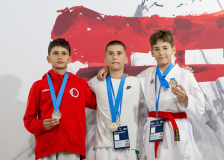 2026,SKL,Saalsporthalle,Swiss Karate League,Zürich,Siegerehrung,Medal Ceremony,Neo Fuchs,Tiago Ramos Bastos,Leo Roos,Karate-Do Balsthal,Karate Club Valais,Shukokai Dojo Wetzikon,Karateschule Sursee