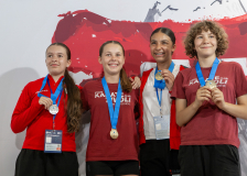 2026,SKL,Saalsporthalle,Swiss Karate League,Zürich,Siegerehrung,Medal Ceremony,Isla Preston Rico,Melina Velic,Eleonora Brembilla,Lina Khoder,Ippon Karaté Club Tivoli Genève,Karate Club Valais,Karate-Do Biel-Bienne - Zen Shin