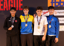 Julian Voelzmann,Cebrail Baumgartner,Karl Ravas,Platon Soliaryk,KARATEKAI BASEL,QUIRICI2020,SHUKOKAI DOJO WETZIKON-VOLKETSWIL-WINTERTHUR,KARATÉ CLUB JAGUAR VALLORBE,Siegerehrung,Swiss Karate League,Gossau,Züri Oberland,2026,Medal Ceremony,SKL