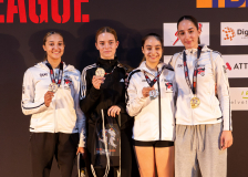 Diamante Solazzo,Ines Benslama,Alany Fleischmann,Kim Lara Streit,KARATE DO BRUGG,NEUCHÂTEL KARATÉ-DO,Siegerehrung,Swiss Karate League,Gossau,Züri Oberland,2026,Medal Ceremony,SKL