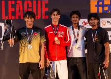 Steven Torres,Dilaxan Balakumar,Kapil Vengat Kandarajah,Elija Sieber,JAPAN KARATEDO ITOSU-KAI - SCHWEIZ,HAYABUSA KARATE DO BASEL,ELSON SPORT & KARATE,Siegerehrung,Swiss Karate League,Gossau,Züri Oberland,2026,Medal Ceremony,SKL