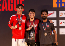 Peraveen Raveendran,SHUKOKAI DOJO WETZIKON-VOLKETSWIL-WINTERTHUR,Pedro Guerreiro,IPPON KARATÉ CLUB TIVOLI GENÈVE,Elija Sieber,ELSON SPORT & KARATE,Siegerehrung,Swiss Karate League,Gossau,Züri Oberland,2026,Medal Ceremony,SKL